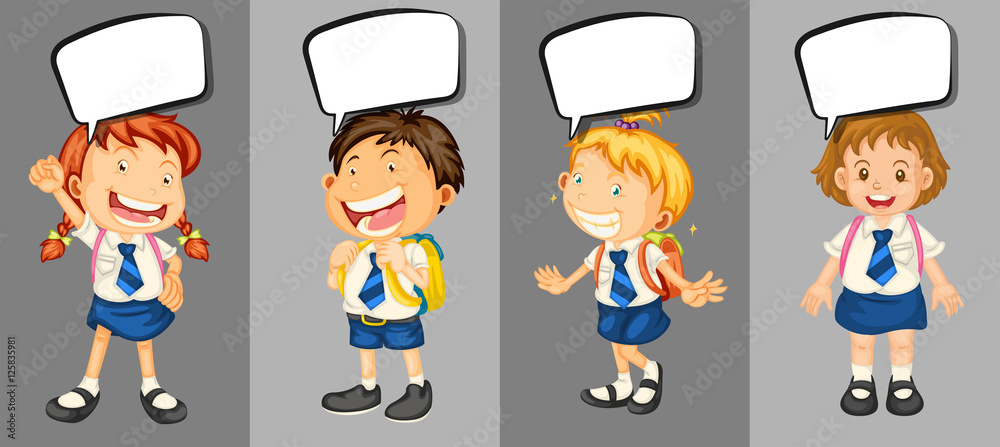 Children in school uniform with speech bubbles Children in school uniform with speech bubbles