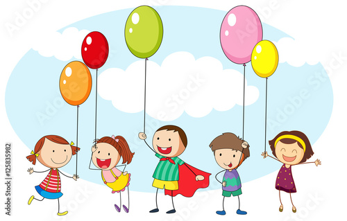 Children and many colorful balloons