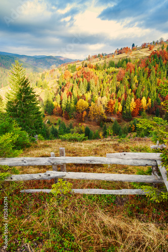 Colorful autumn landscape scene with fence in Transylvania