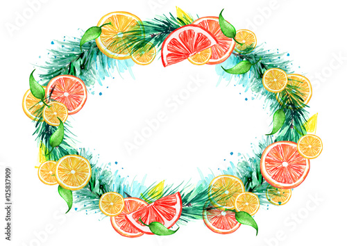 Fototapeta Naklejka Na Ścianę i Meble -   Christmas wreath frame made of fir, pine branches citrus, slices of orange, lemon, grapefruit, lime. Made with watercolors on an isolated white background. Used for various festive decoration