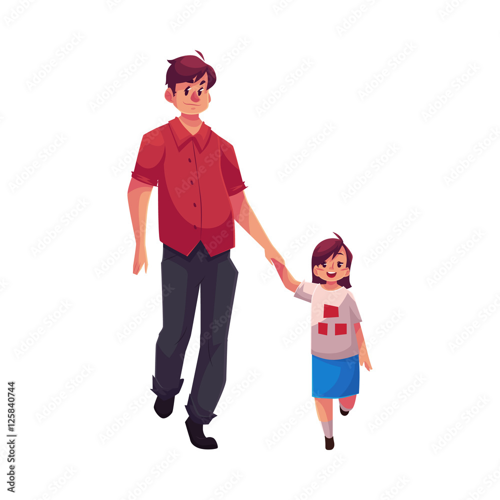 Father and daughter walking together, cartoon vector illustrations isolated  on white background. Young handsome dad holding his little daughter hand  and walking together, happy family concept Stock Vector | Adobe Stock