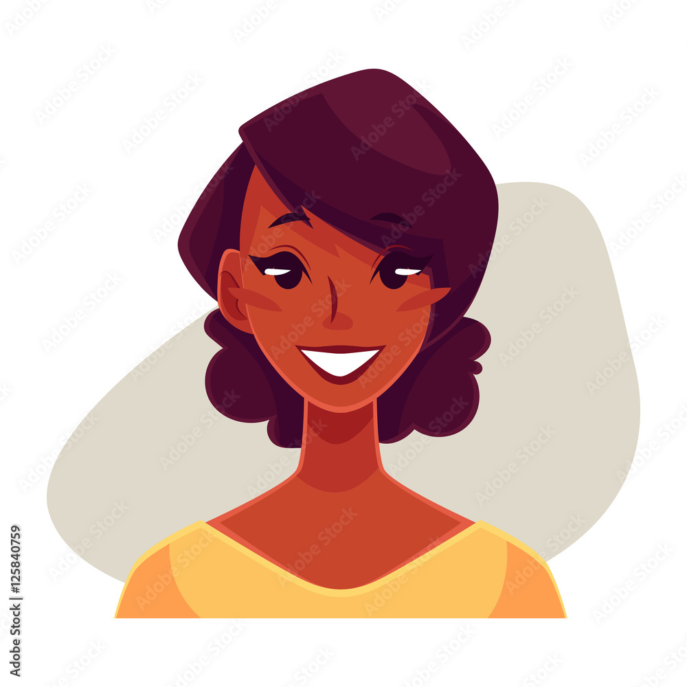 Pretty African girl, smiling facial expression, cartoon vector  illustrations isolated on gray background. Black woman with a wide smile,  white teeth. Happy, glad, smiling face expression Stock Vector | Adobe Stock