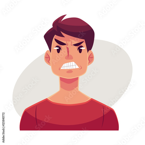 Young man face, angry facial expression, cartoon vector illustrations isolated on gray background. Handsome boy frowns, feeling distresses, frustrated, sullen, upset. Angry face expression