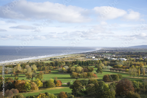 Abergele coastline, the sea meets the countryside in Autumn showing trees, fields and the beach/ ocean - United Kingdom