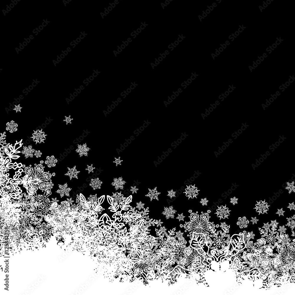 Snowflakes white border silhouette. Bottom line. Isolate on blac