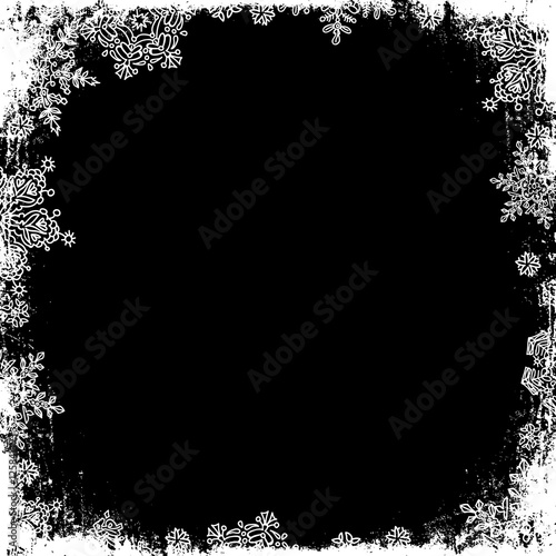Snowflakes white frame silhouette. Center area blank. Isolate on