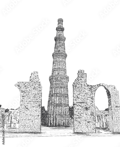Qutub Minar Vector Illustration - New Delhi, India Unesco World