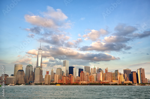 Lower Manhattan skyline at sunset over Hudson River  New York