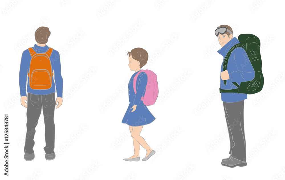 different types of backpacks. City, school and camp. vector illustration.