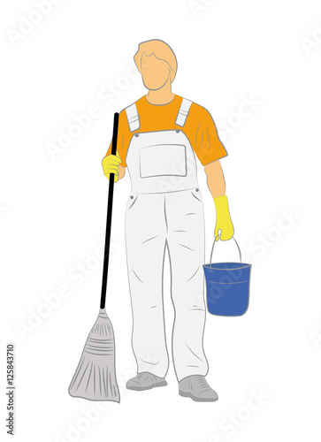 man with cleaning equipment isolated on white background. vector illustration