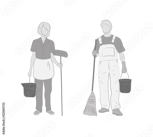 a woman and a man with cleaning equipment isolated on white background. vector illustration