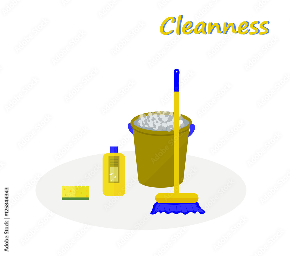 Tools for cleaning: a green bucket with soapy foam, broom with yellow handle and blue bristles and bottle of detergent with a blue cover. White background. Vector illustration Tools for cleaning: a green bucket with soapy foam, broom with yellow handle and blue bristles and bottle of detergent with a blue cover. White background. Vector illustration