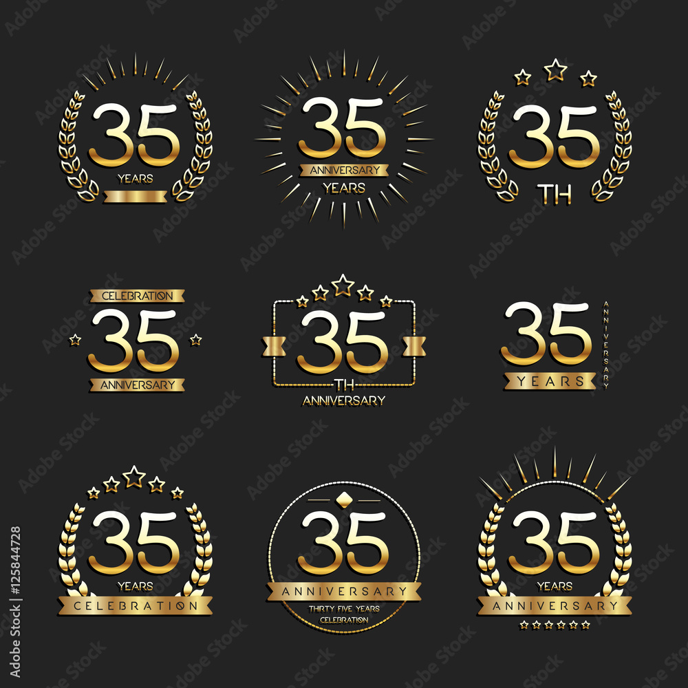Thirty five years anniversary celebration logotype. 35th anniversary gold logo set.