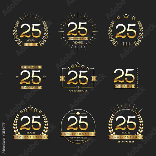 Twenty five years anniversary celebration logotype. 25th anniversary gold logo set.