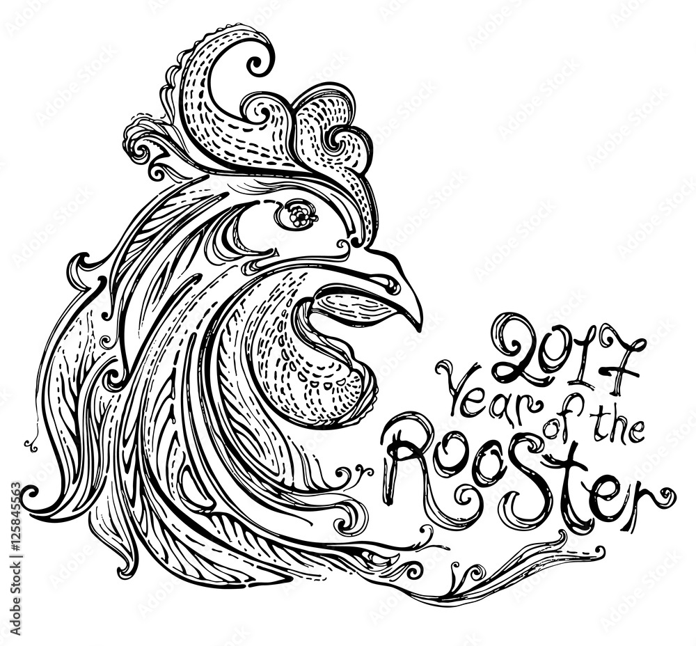 Fototapeta premium Hand drawn Rooster. Symbol 2017. The Year of Rooster. The rooster head monochrome illustration. Vector file. 