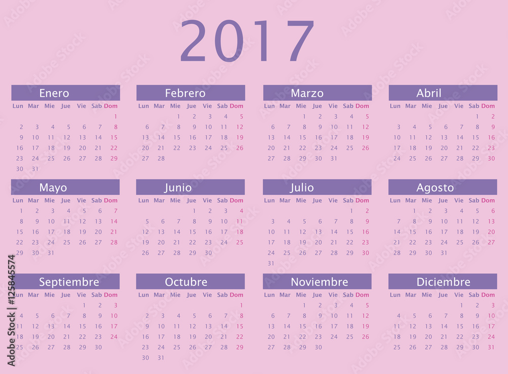 Calendario vectorizado 2017 femenino en Español