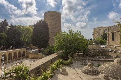 View of Maiden's Tower and turkish baths in Baku old town, Azerbaijan 
