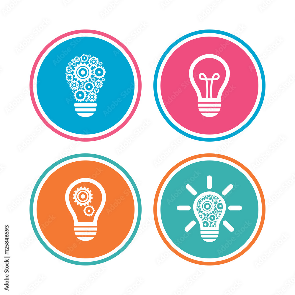 Light lamp icons. Lamp bulb with cogwheel gear symbols. Idea and success sign. Colored circle buttons. Vector Light lamp icons. Lamp bulb with cogwheel gear symbols. Idea and success sign. Colored circle buttons. Vector