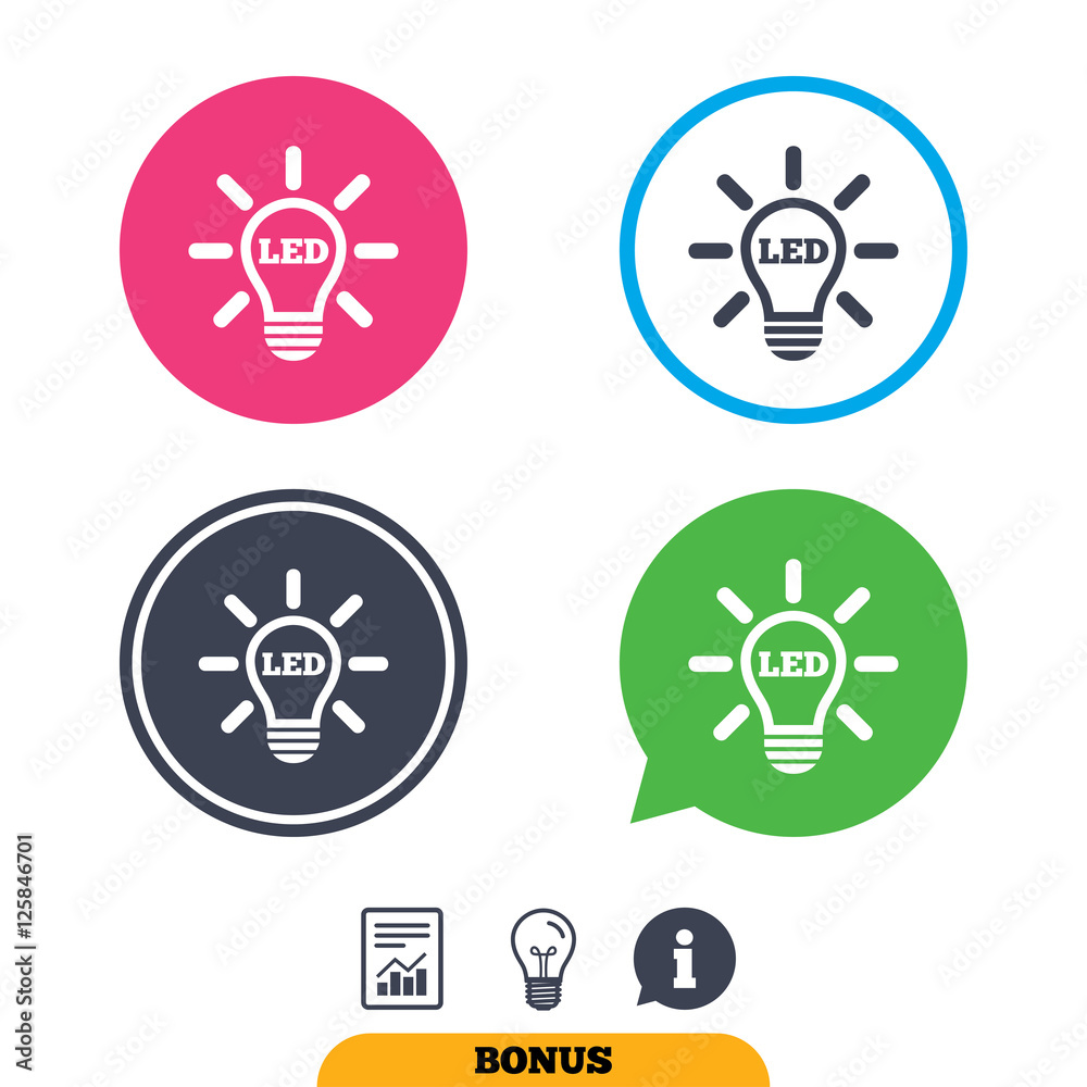 Led light lamp icon. Energy symbol. Report document, information sign and light bulb icons. Vector Led light lamp icon. Energy symbol. Report document, information sign and light bulb icons. Vector