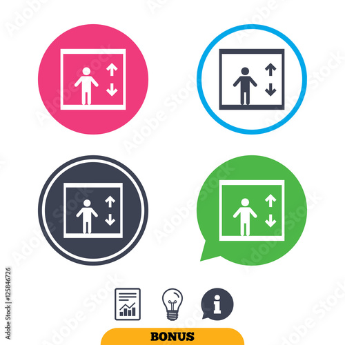 Elevator sign icon. Person symbol with up and down arrows. Report document, information sign and light bulb icons. Vector