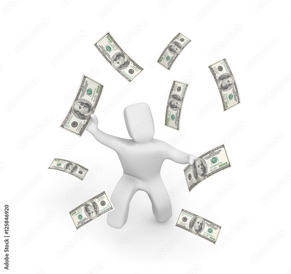 3D person enjoys flying around him money. Payday. 3d illustration 3D person enjoys flying around him money. Payday. 3d illustration