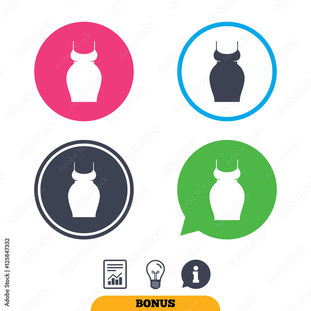 Pregnant woman dress sign icon. Maternity clothing symbol Report document, information sign and light bulb icons. Vector Pregnant woman dress sign icon. Maternity clothing symbol Report document, information sign and light bulb icons. Vector