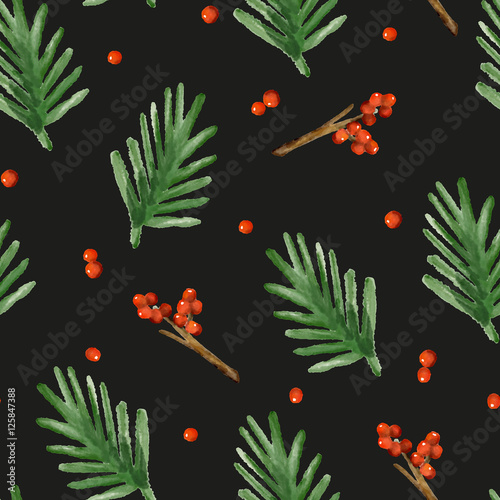 Christmas  pattern with spruce branches and berries. Ornament for textile and wrapping. Vector
