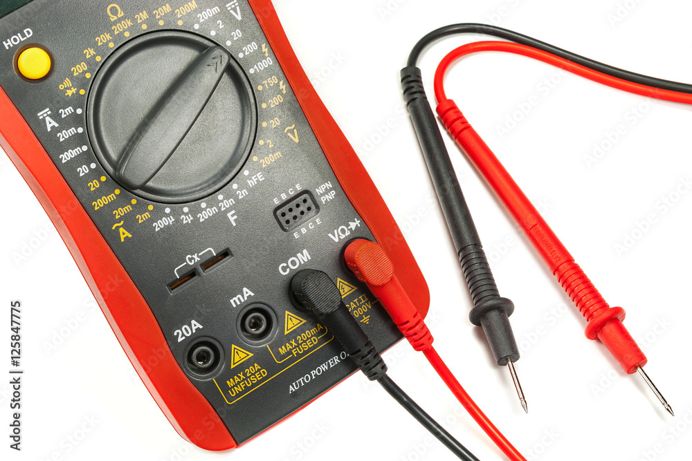 Digital multimeter with probes on a white background Digital multimeter with probes on a white background