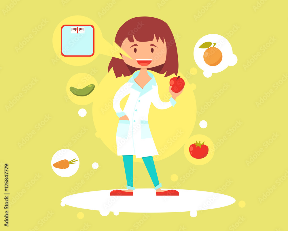 Cute woman nutritionist talks about the effects of proper nutrition. Vector illustration Cute woman nutritionist talks about the effects of proper nutrition. Vector illustration