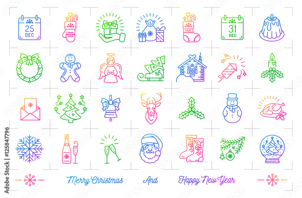 Trendy gradient Christmas icons set, New Year isolated symbols. Celebration party icons, Winter holiday thin line logo. Modern Christmas decorative colorful elements on a white background. Vector