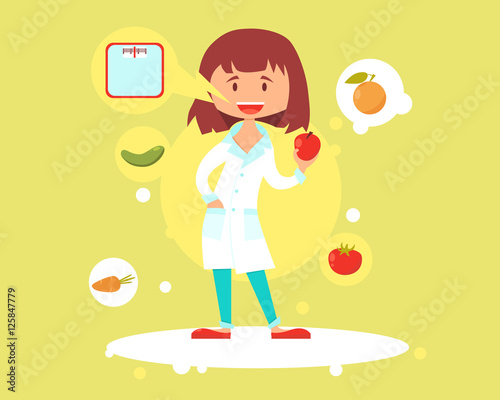 Cute woman nutritionist talks about the effects of proper nutrition. Vector illustration