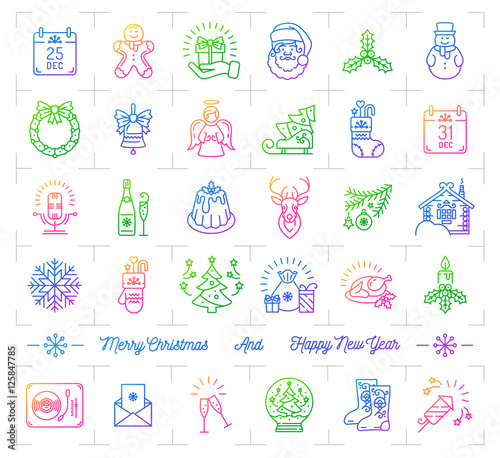 Mega Christmas icons set, New Year isolated symbols. Winter holiday thin line logo. Trendy gradient icon minimal design, Brand Identity for greeting cards, web, business. Vector illustration