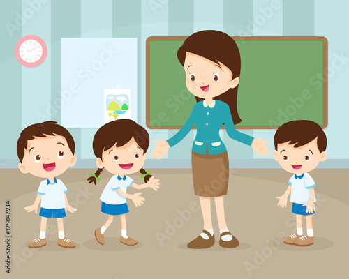 classroom with teacher and pupils.Teacher Teaching Students In Classroom,World Book Day,Back to school,Stationery,Book,Children, Supplies, Educational Subject.
