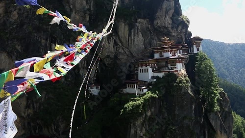 Bhutan Tigers Nest, Taktshang Monastery on a mountain. Tiger's Nest with prayer flags