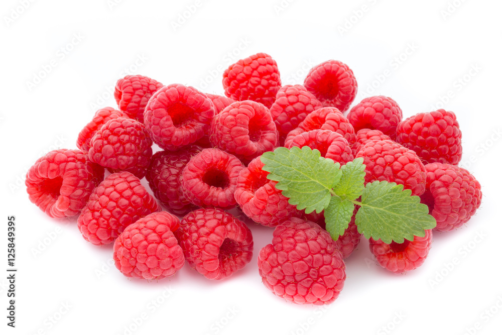 Ripe raspberry with leaf isolated on the white background. Ripe raspberry with leaf isolated on the white background.
