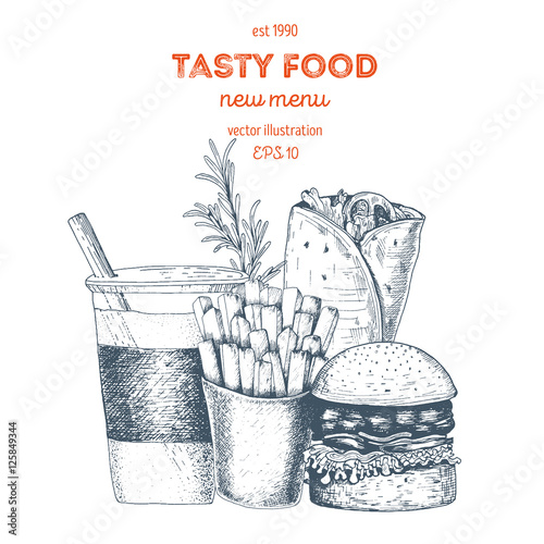 Lunch with french fries, burger, hot roll and beverage. Fast food, junk food. Linear graphic Vintage vector Illustration