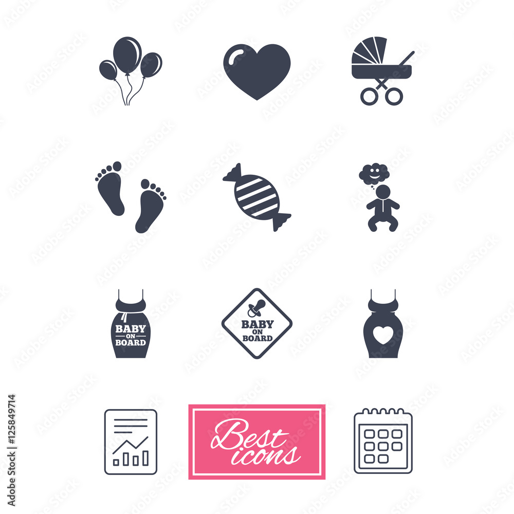 Pregnancy, maternity and baby care icons. Newborn, strollers and pacifier signs. Footprint, candy and love symbols. Report document, calendar icons. Vector