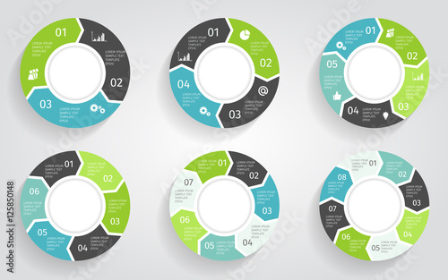 Circle arrows modern infographic set. Vector template with 3-8 options for diagram, workflow layout, flowchart, steps, parts, timeline, chart, web design, background.