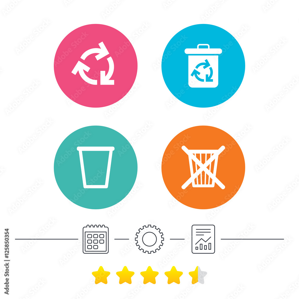 Recycle bin icons. Reuse or reduce symbols. Trash can and recycling signs. Calendar, cogwheel and report linear icons. Star vote ranking. Vector Recycle bin icons. Reuse or reduce symbols. Trash can and recycling signs. Calendar, cogwheel and report linear icons. Star vote ranking. Vector