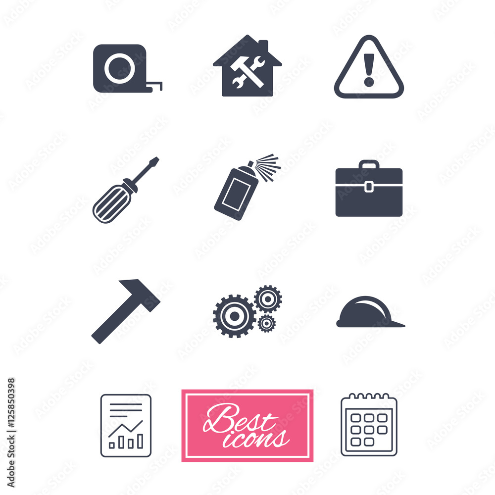 Repair, construction icons. Helmet, screwdriver and hammer signs. Gears ...