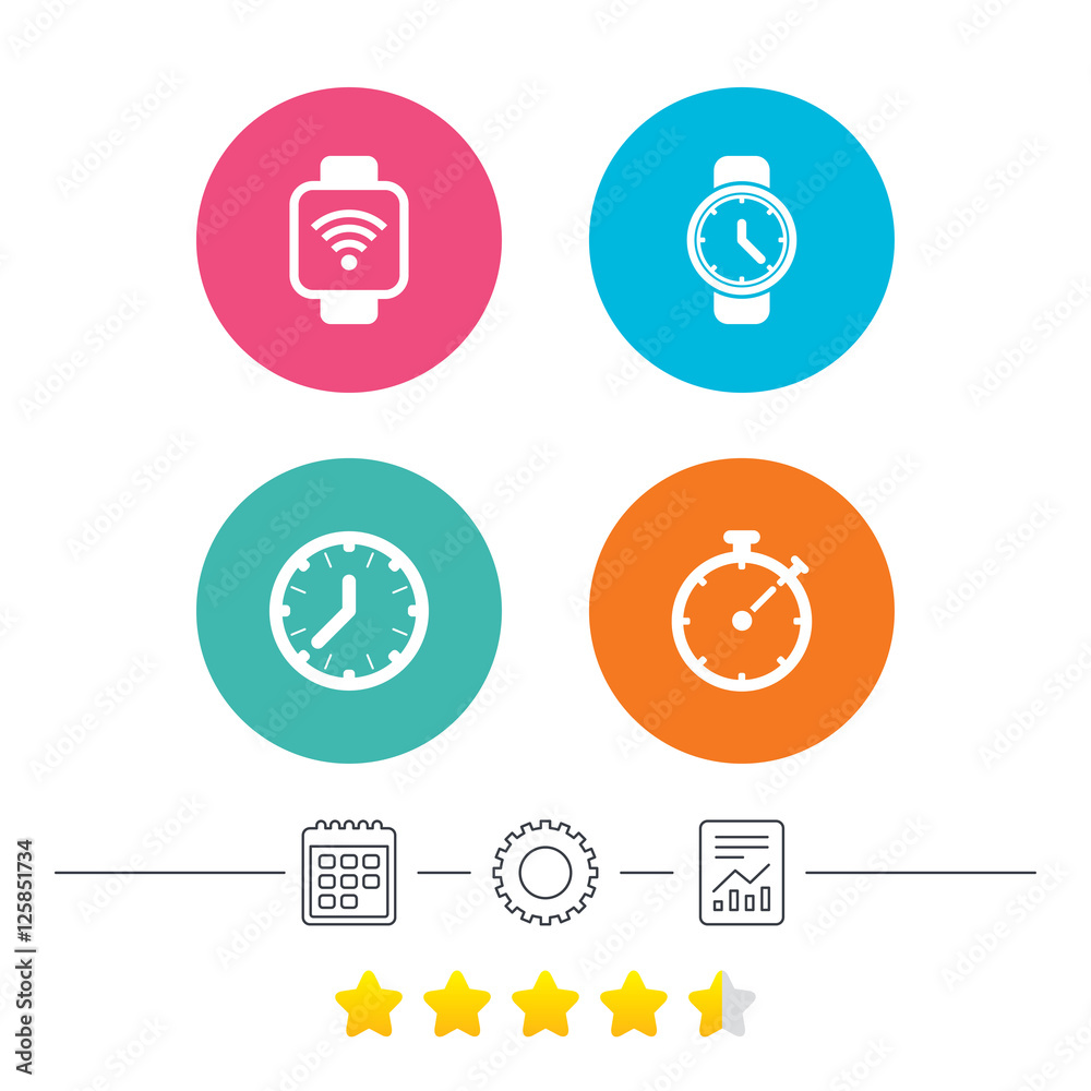 Smart watch wi-fi icons. Mechanical clock time, Stopwatch timer symbols. Wrist digital watch sign. Calendar, cogwheel and report linear icons. Star vote ranking. Vector Smart watch wi-fi icons. Mechanical clock time, Stopwatch timer symbols. Wrist digital watch sign. Calendar, cogwheel and report linear icons. Star vote ranking. Vector
