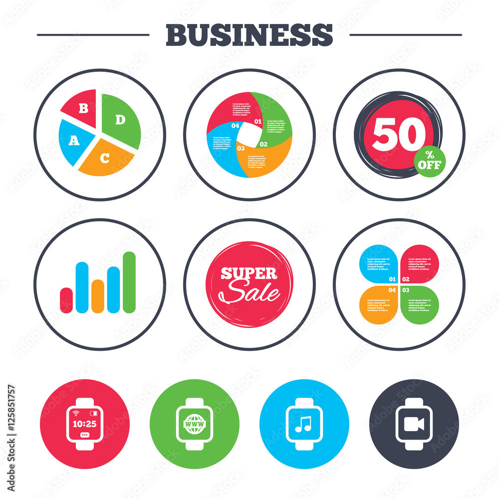 Business pie chart. Growth graph. Smart watch icons. Wrist digital time watch symbols. Music, Video, Globe internet and wi-fi signs. Super sale and discount buttons. Vector Business pie chart. Growth graph. Smart watch icons. Wrist digital time watch symbols. Music, Video, Globe internet and wi-fi signs. Super sale and discount buttons. Vector
