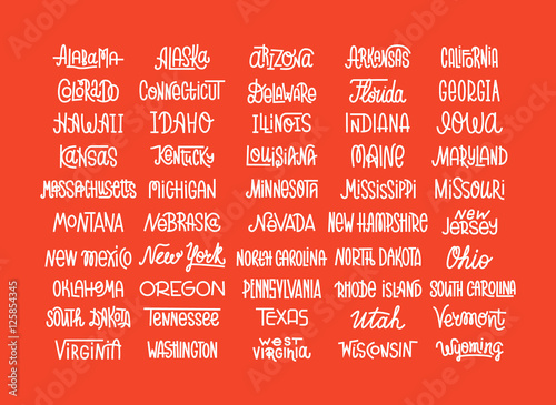 Custom lettering of the names of the American states, USA typogr