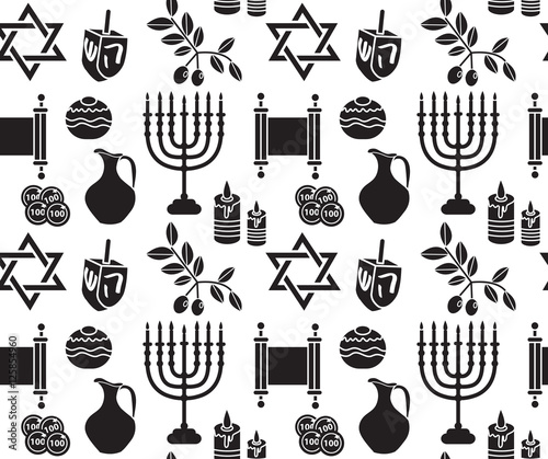 Hanukkah symbol seamless pattern. Hanukkah background with Menorah, Torah, Sufganiyot, Olives and Dreidel. Happy Hanukkah Festival of Lights, Feast of Dedication seamless texture. Vector illustration