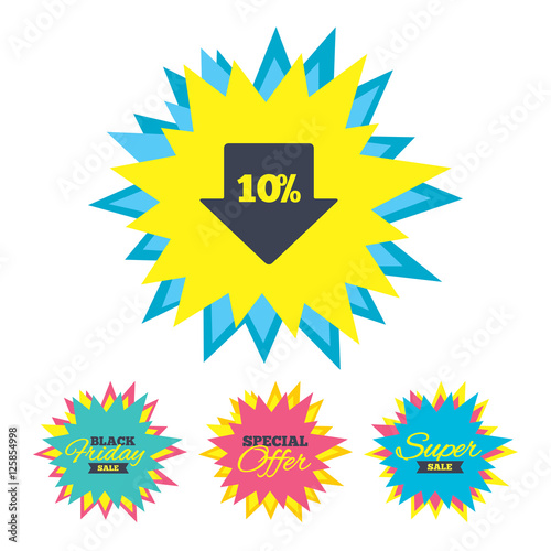 Sale stickers and banners. 10% sale arrow tag sign icon. Discount symbol. Special offer label. Star labels. Vector