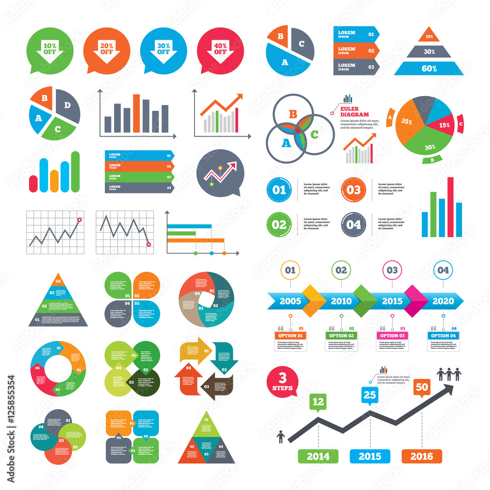 Business charts. Growth graph. Sale arrow tag icons. Discount special offer symbols. 10%, 20%, 30% and 40% percent off signs. Market report presentation. Vector