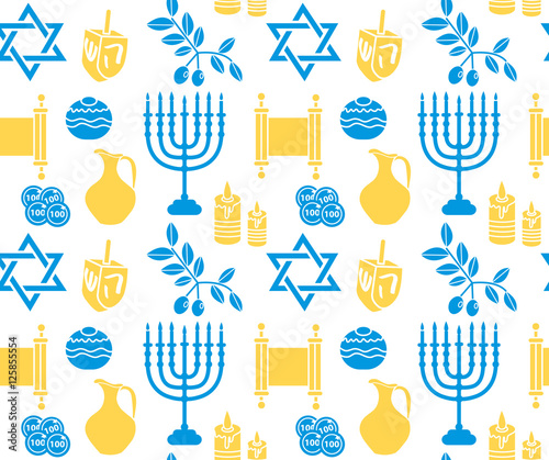 Hanukkah symbol seamless pattern. Hanukkah background with Menorah, Torah, Sufganiyot, Olives and Dreidel. Happy Hanukkah Festival of Lights, Feast of Dedication seamless texture. Vector illustration
