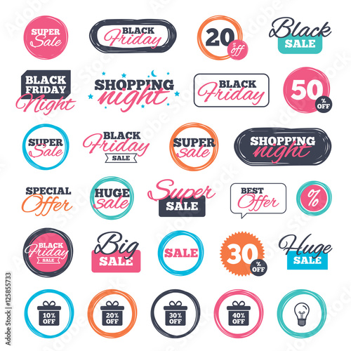 Sale shopping stickers and banners. Sale gift box tag icons. Discount special offer symbols. 10%, 20%, 30% and 40% percent off signs. Website badges. Black friday. Vector