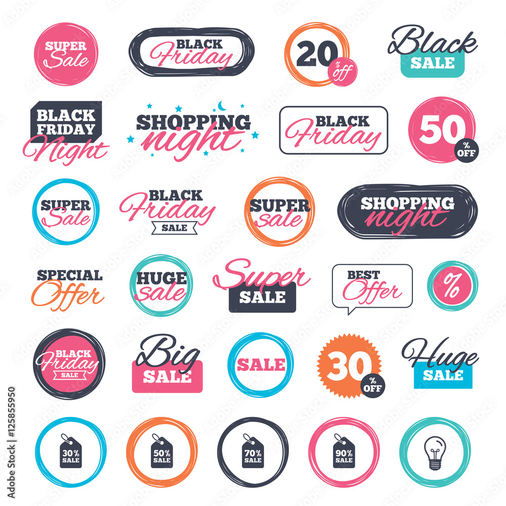 Sale shopping stickers and banners. Sale price tag icons. Discount special offer symbols. 30%, 50%, 70% and 90% percent sale signs. Website badges. Black friday. Vector