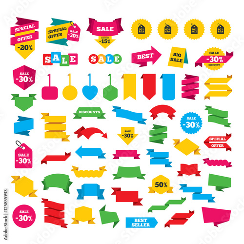 Web stickers, banners and labels. Sale price tag icons. Discount special offer symbols. 50%, 60%, 70% and 80% percent sale signs. Special offer tags. Vector